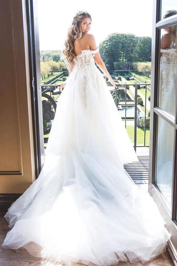 Off The Shoulder Lace Appliques Modest Tulle Princess Wedding Dress WD445 by pgmdress