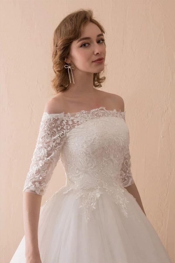 Off The Shoulder Lace Ball Gown Wedding Dress With 1/2 Sleeves WD221 by pgmdress