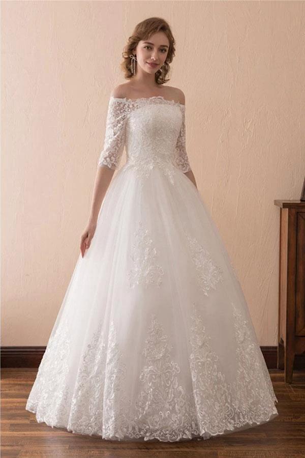 Off The Shoulder Lace Ball Gown Wedding Dress With 1/2 Sleeves WD221 by pgmdress