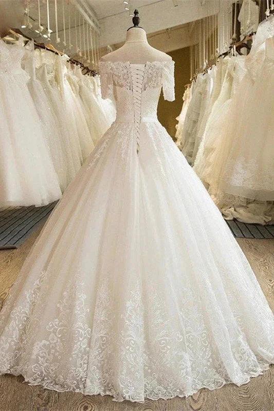 Off-the-Shoulder Lace Tulle 1/2 Sleeves Wedding Dress by misshow.com