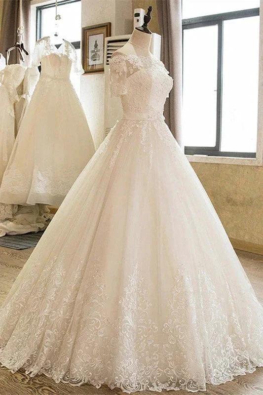 Off-the-Shoulder Lace Tulle 1/2 Sleeves Wedding Dress by misshow.com