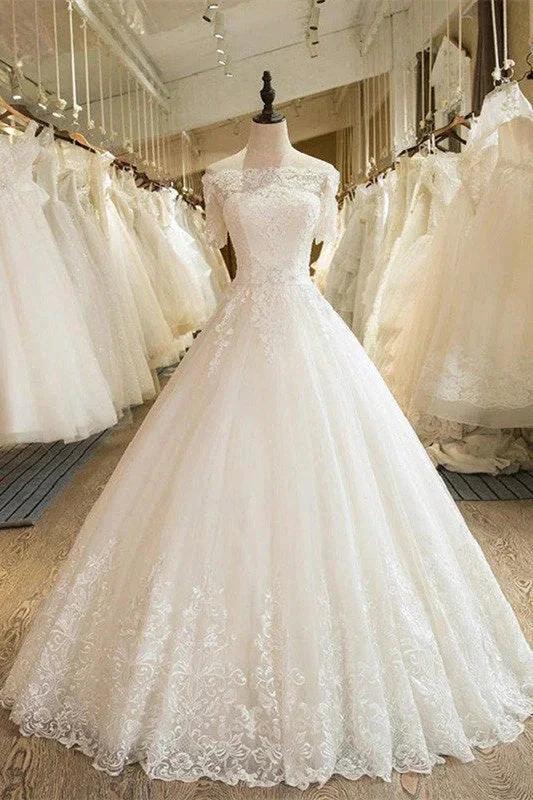 Off-the-Shoulder Lace Tulle 1/2 Sleeves Wedding Dress by misshow.com