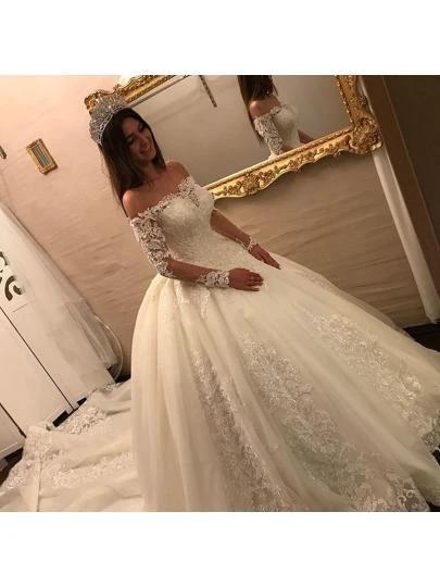 Off The Shoulder Long Sleeves Appliques Ball Gown Wedding Dress WD163 by pgmdress