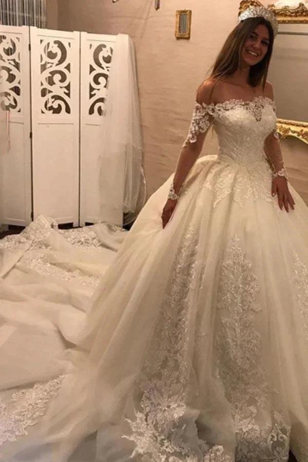 Off The Shoulder Long Sleeves Appliques Ball Gown Wedding Dress WD163 by pgmdress