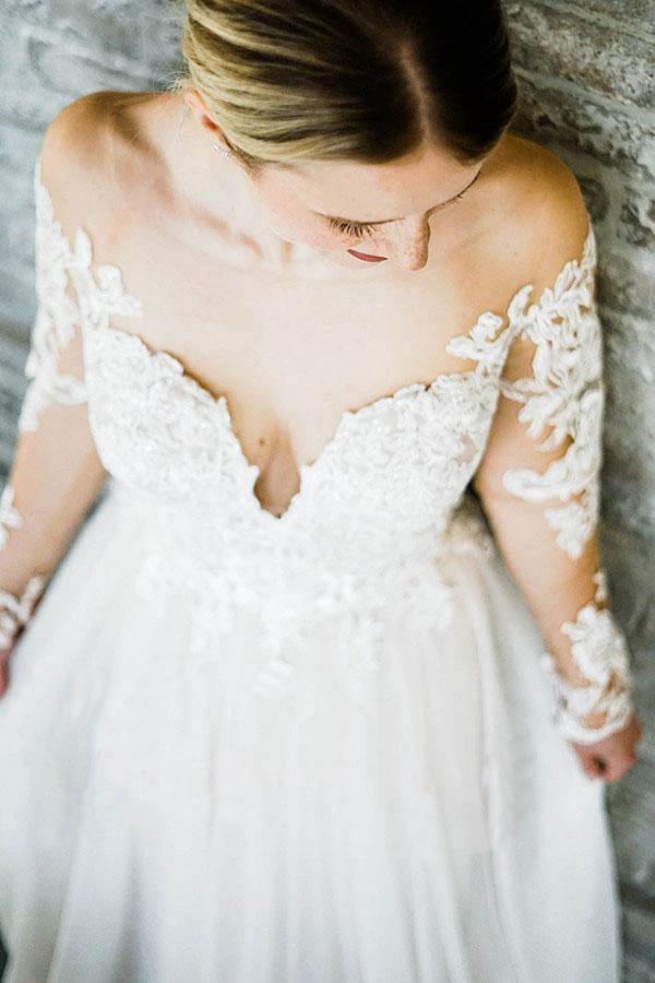 Off the Shoulder Long Sleeves Train Long Wedding Dress Bridal Gown WD415 by pgmdress