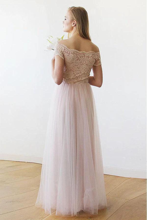 Off the Shoulder Pink Lace and Tulle Long Wedding Dress WD234 by pgmdress