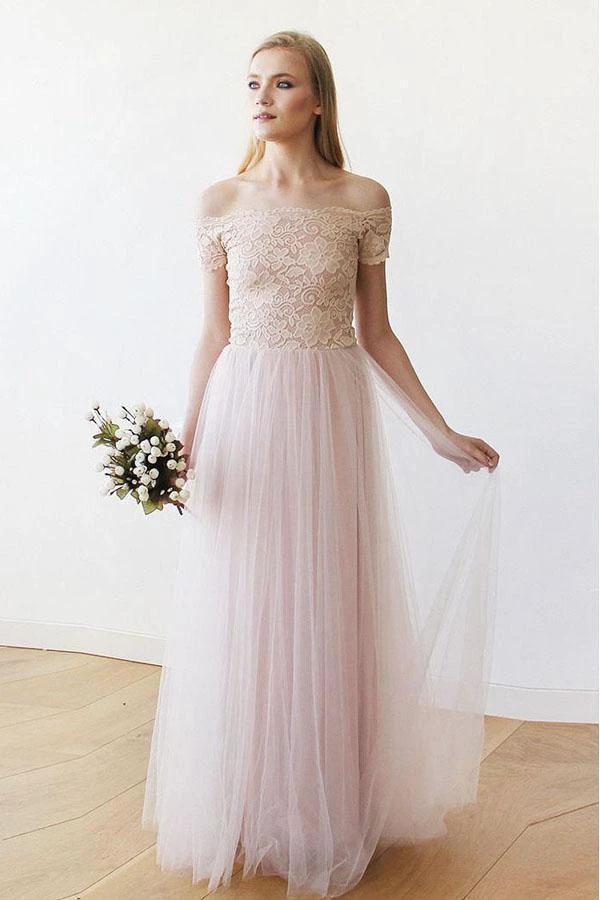 Off the Shoulder Pink Lace and Tulle Long Wedding Dress WD234 by pgmdress