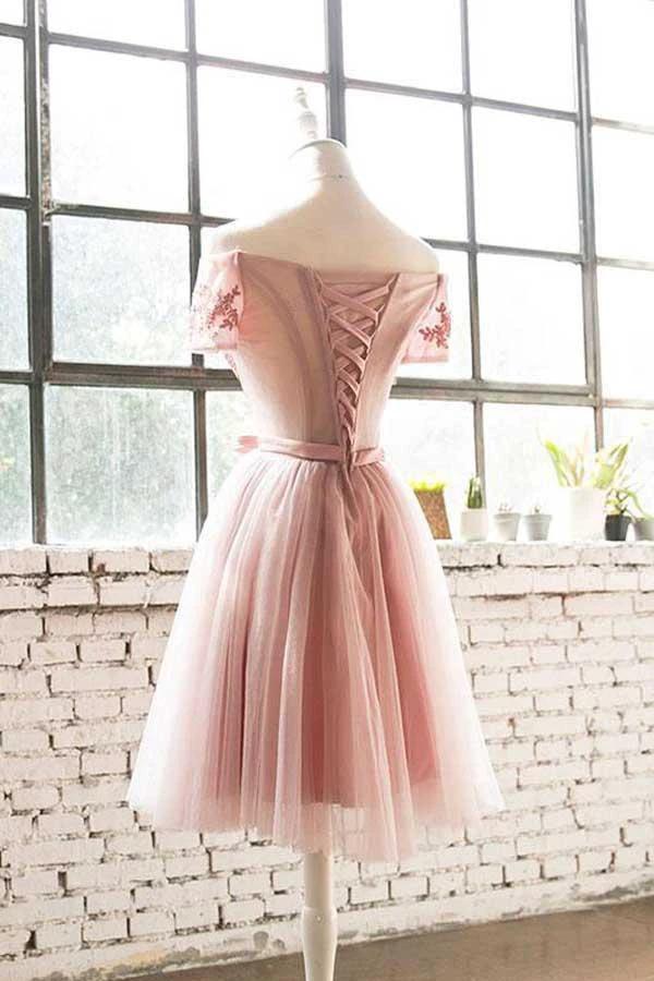 Off The Shoulder Pink Lace Tulle Short Prom Dress Homecoming Dress PD200 by pgmdress