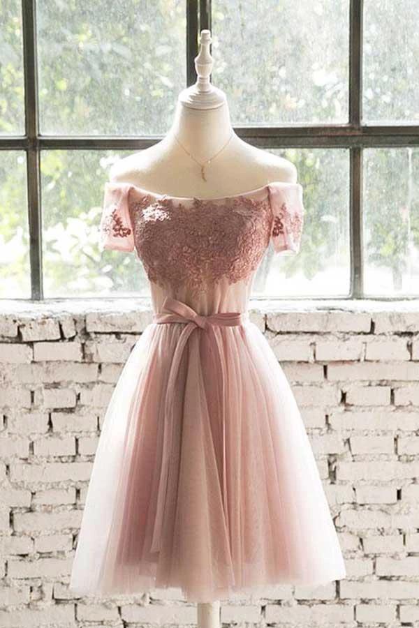 Off The Shoulder Pink Lace Tulle Short Prom Dress Homecoming Dress PD200 by pgmdress