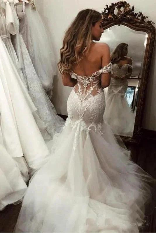 Off the Shoulder Pretty Mermaid Lace Long Tulle Elegant Wedding Dresses by misshow.com