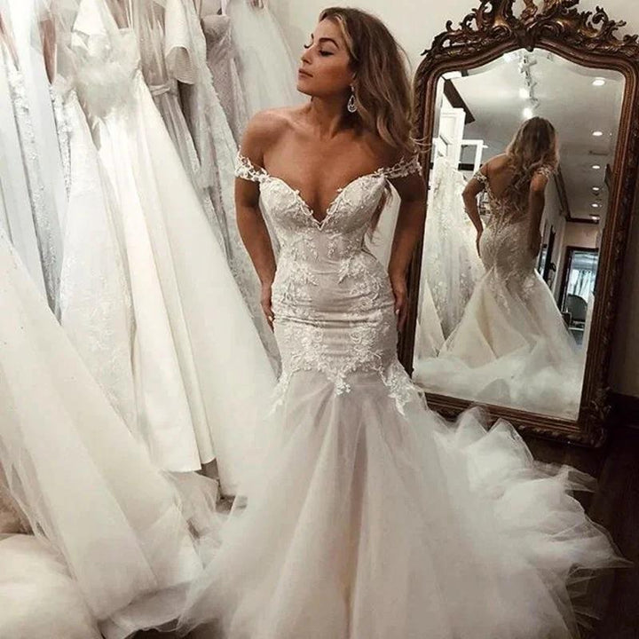 Off the Shoulder Pretty Mermaid Lace Long Tulle Elegant Wedding Dresses by misshow.com