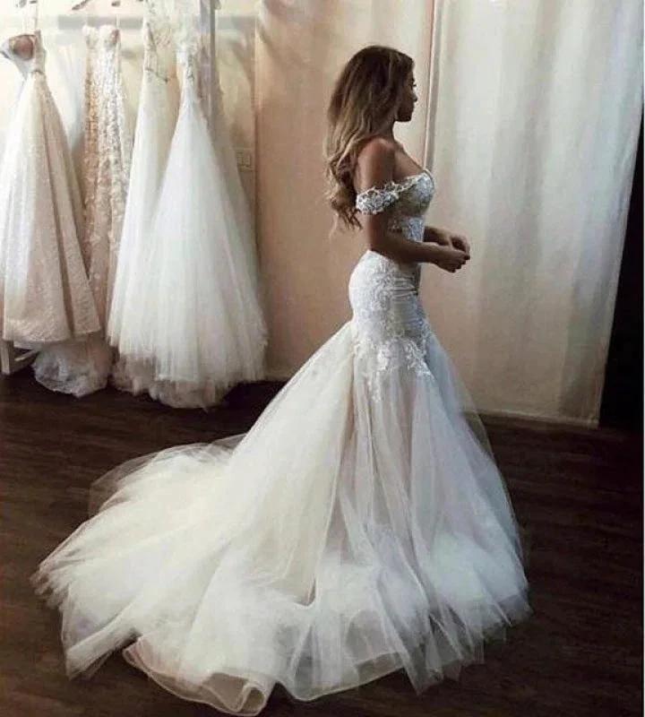 Off the Shoulder Pretty Mermaid Lace Long Tulle Elegant Wedding Dresses by misshow.com