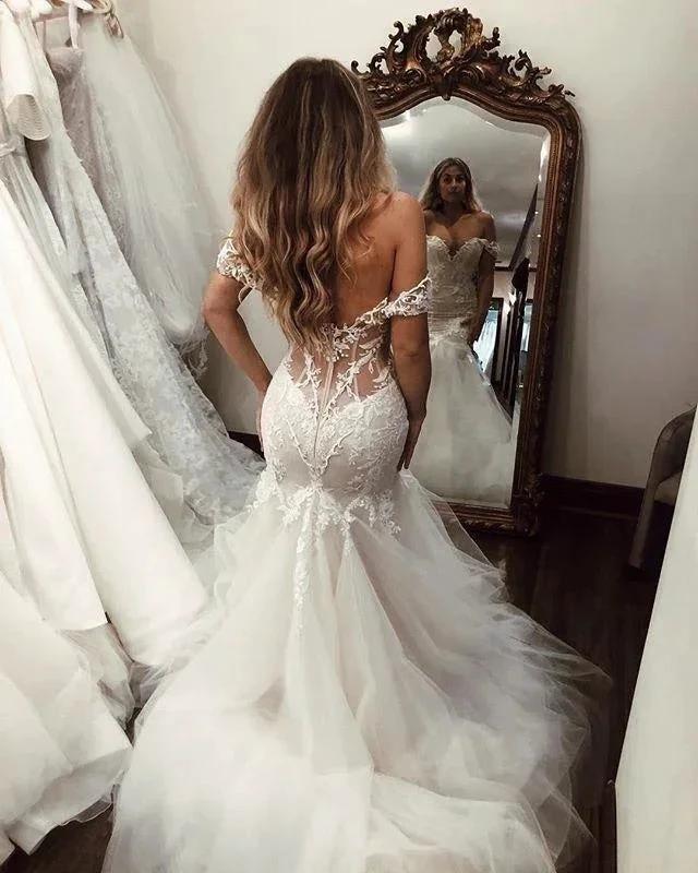 Off the Shoulder Pretty Mermaid Lace Long Tulle Elegant Wedding Dresses by misshow.com