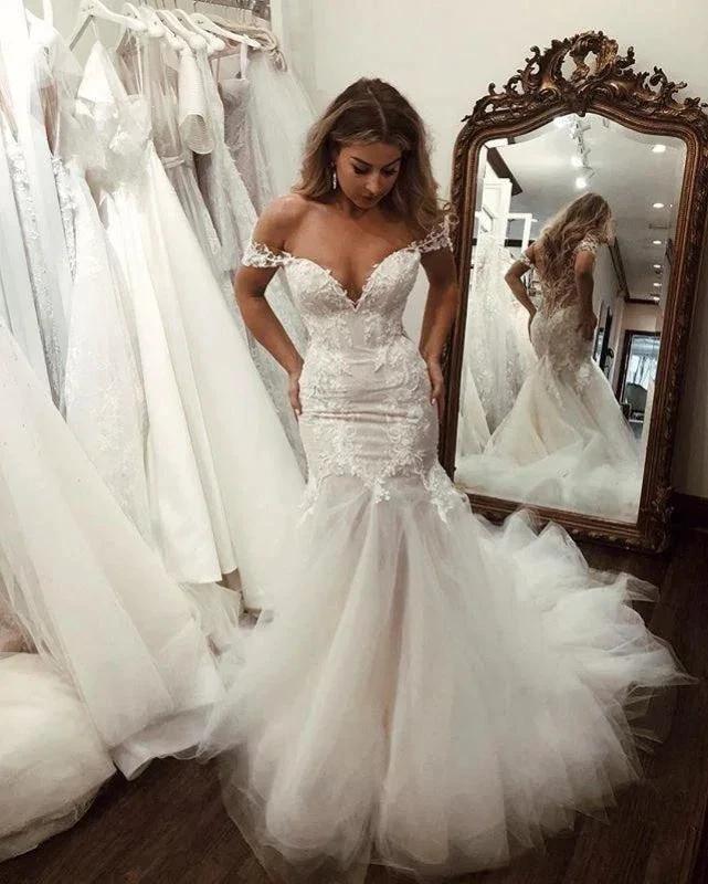 Off the Shoulder Pretty Mermaid Lace Long Tulle Elegant Wedding Dresses by misshow.com
