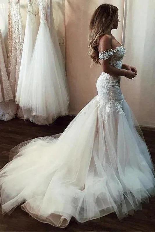 Off the Shoulder Pretty Mermaid Lace Long Tulle Elegant Wedding Dresses by misshow.com