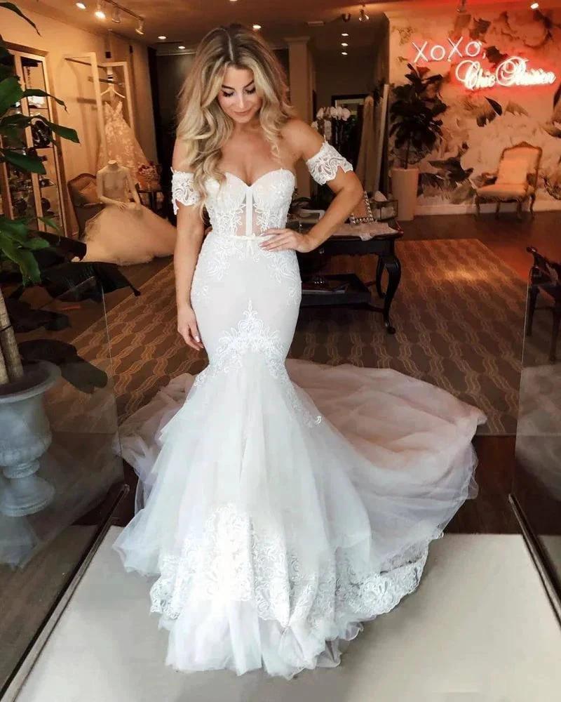 Off-the-Shoulder Puffy Tulle Wedding Dress Mermaid Appliques Sweep Train Bridal Wears by misshow.com