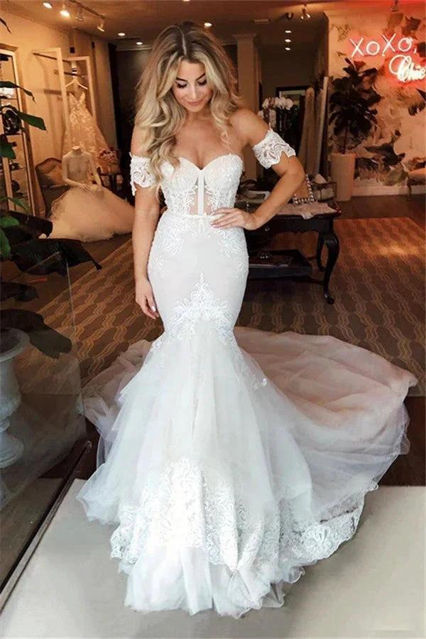 Off-the-Shoulder Puffy Tulle Wedding Dress Mermaid Appliques Sweep Train Bridal Wears by misshow.com