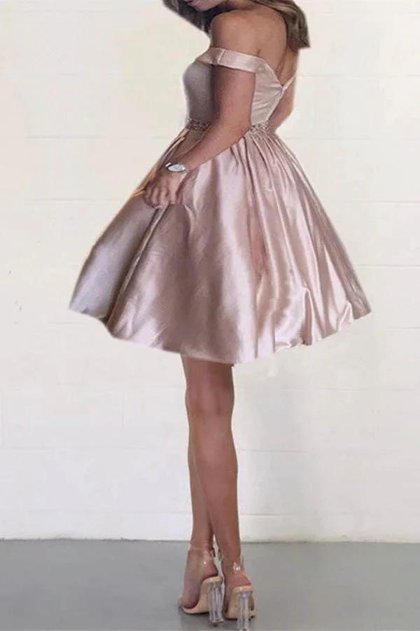 Off the Shoulder Satin Beaded Homecoming Dresses with Pocket PD167 by pgmdress