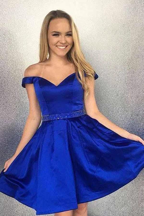 Off the Shoulder Satin Beaded Homecoming Dresses with Pocket PD167 by pgmdress
