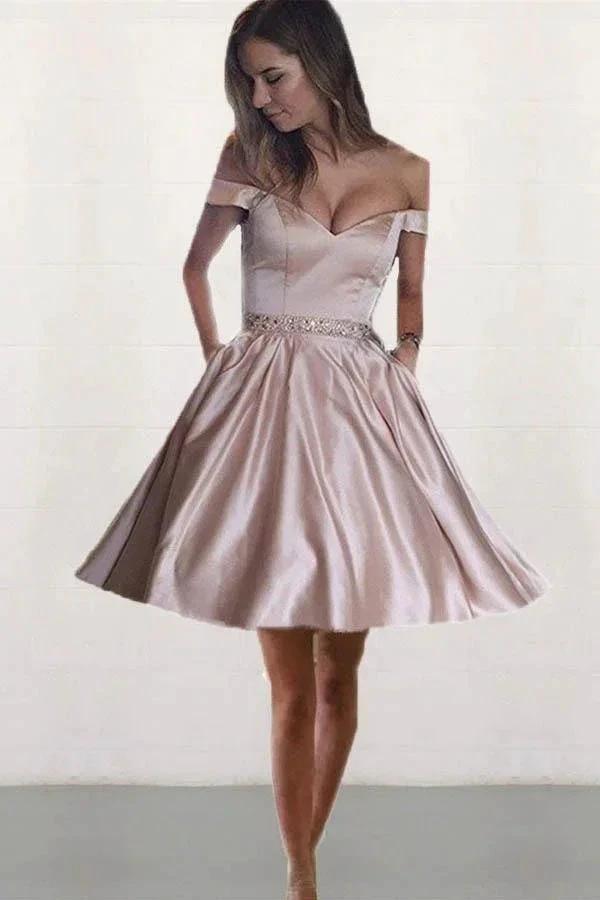 Off the Shoulder Satin Beaded Homecoming Dresses with Pocket PD167 by pgmdress
