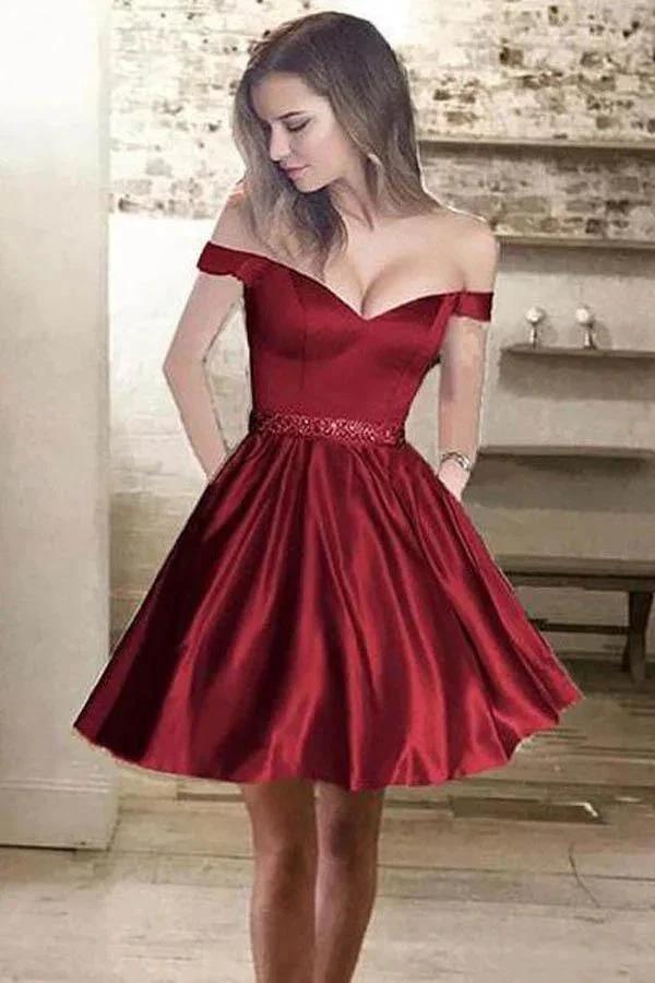 Off the Shoulder Satin Beaded Homecoming Dresses with Pocket PD167 by pgmdress