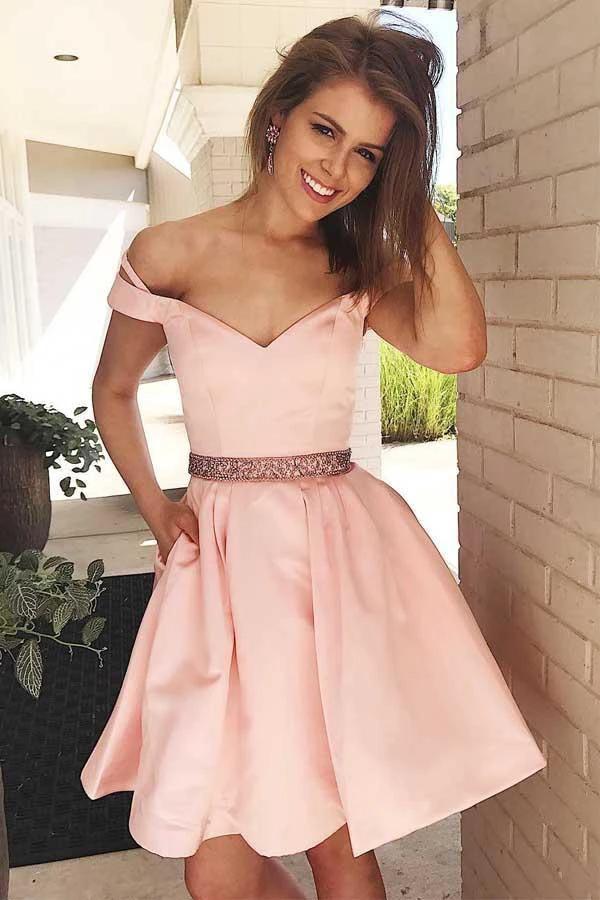 Off the Shoulder Short Pink Party Dress Homecoming Dress with Pockets PD125 by pgmdress