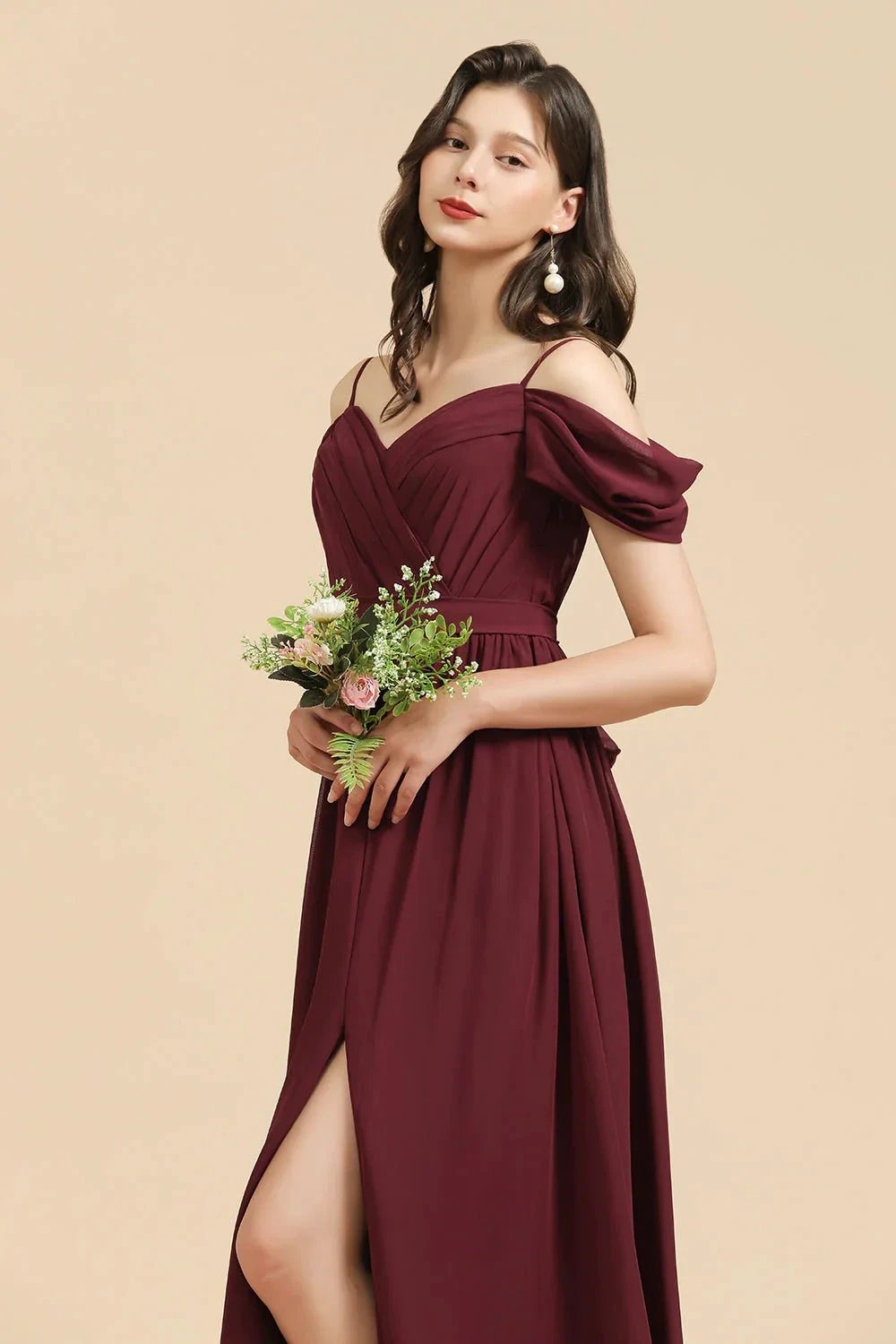 Off-the-Shoulder Sweetheart Burgundy Long Bridesmaid Dress With Slit by misshow.com