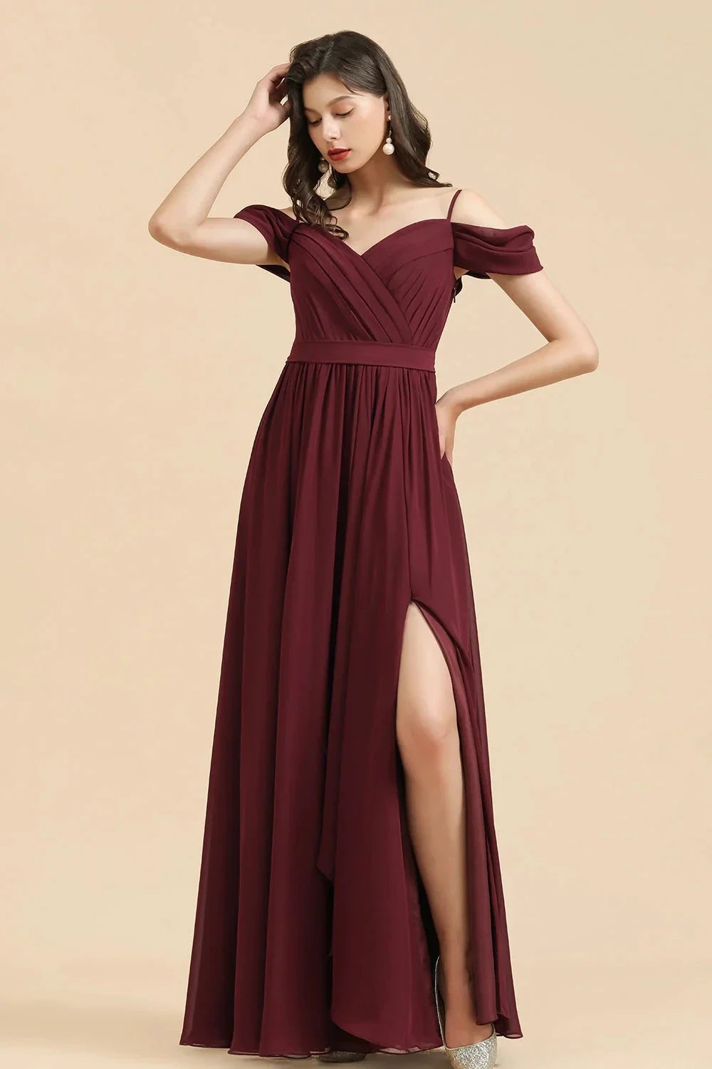 Off-the-Shoulder Sweetheart Burgundy Long Bridesmaid Dress With Slit by misshow.com