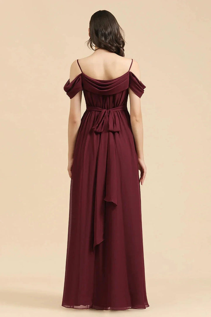 Off-the-Shoulder Sweetheart Burgundy Long Bridesmaid Dress With Slit by misshow.com