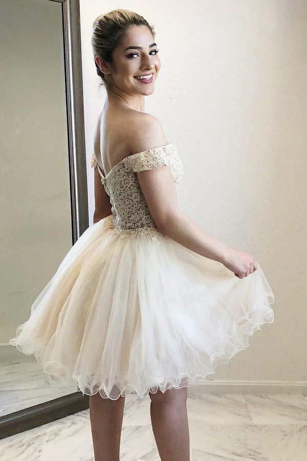 Off-the-Shoulder Sweetheart Homecoming Dress with Appliques Beading PD059 by pgmdress