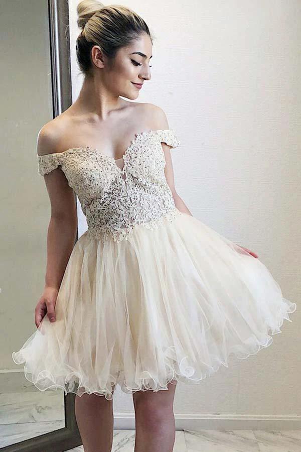 Off-the-Shoulder Sweetheart Homecoming Dress with Appliques Beading PD059 by pgmdress