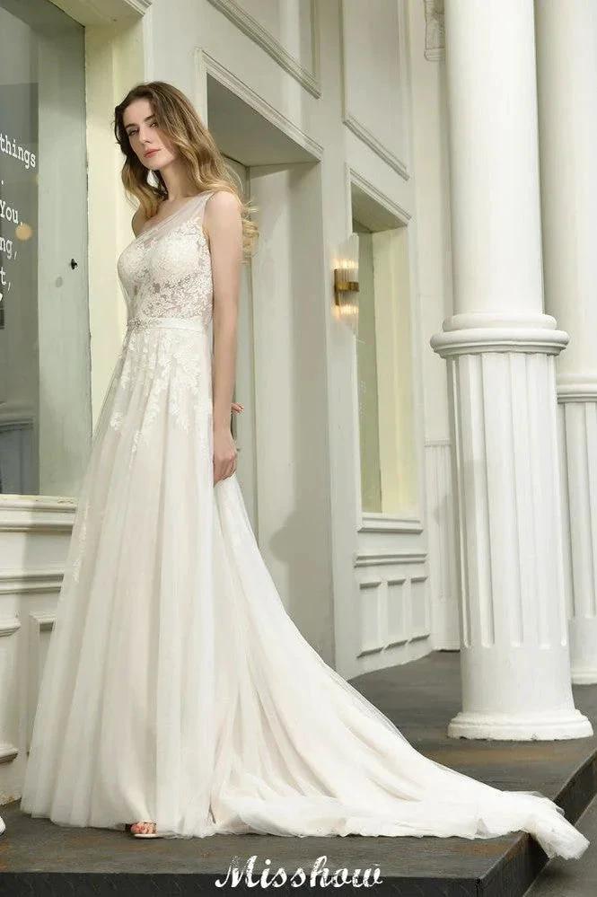 One Shoulder Aline Tulle Wedding Dress Sleeveless Spring Beach Bridal Gown by misshow.com