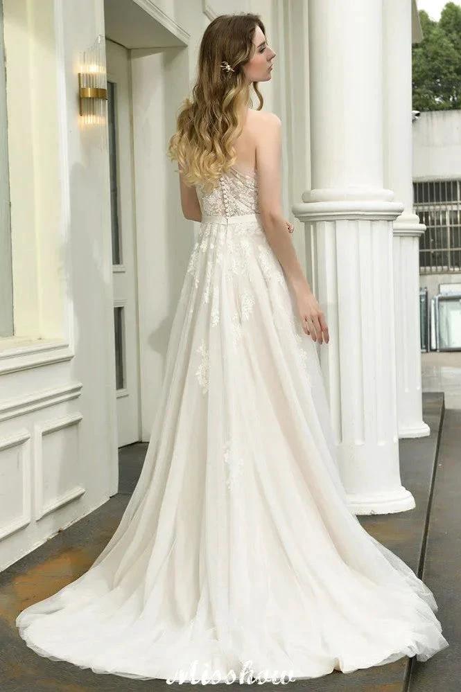 One Shoulder Aline Tulle Wedding Dress Sleeveless Spring Beach Bridal Gown by misshow.com