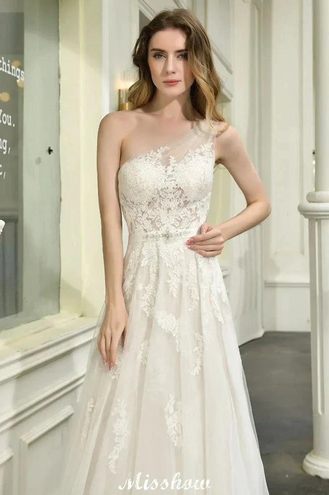 One Shoulder Aline Tulle Wedding Dress Sleeveless Spring Beach Bridal Gown by misshow.com