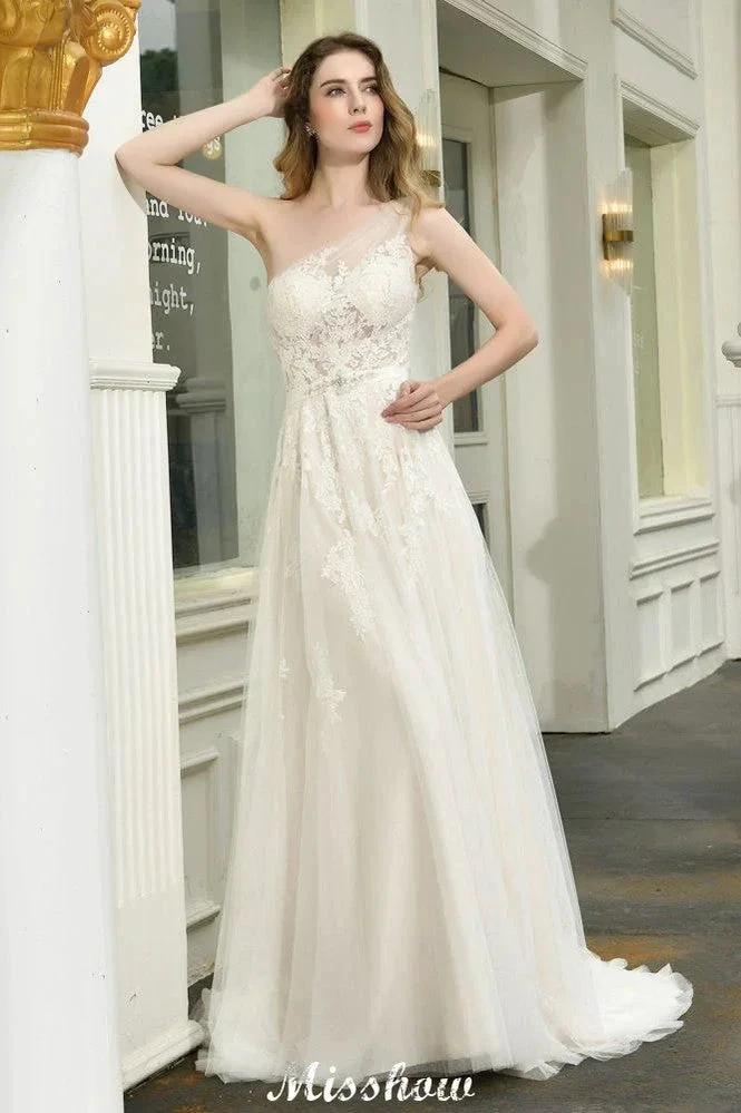 One Shoulder Aline Tulle Wedding Dress Sleeveless Spring Beach Bridal Gown by misshow.com