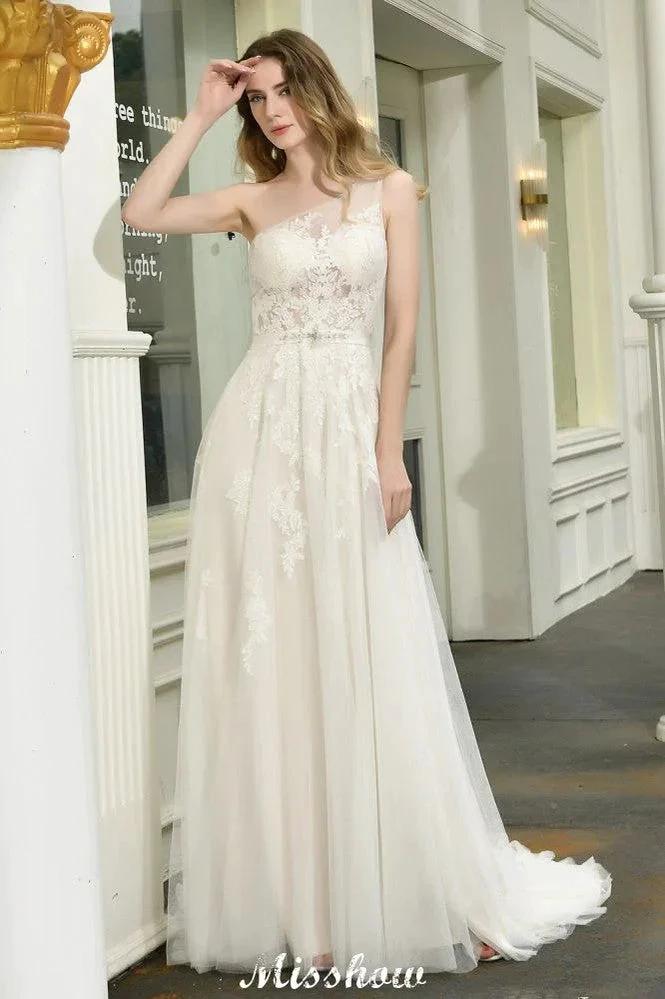 One Shoulder Aline Tulle Wedding Dress Sleeveless Spring Beach Bridal Gown by misshow.com