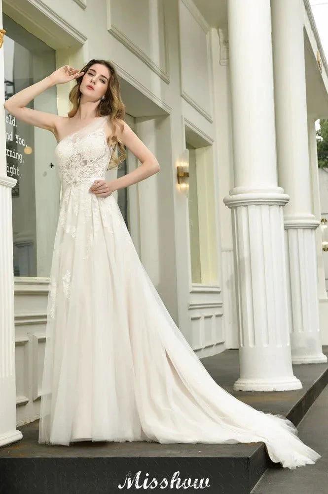 One Shoulder Aline Tulle Wedding Dress Sleeveless Spring Beach Bridal Gown by misshow.com