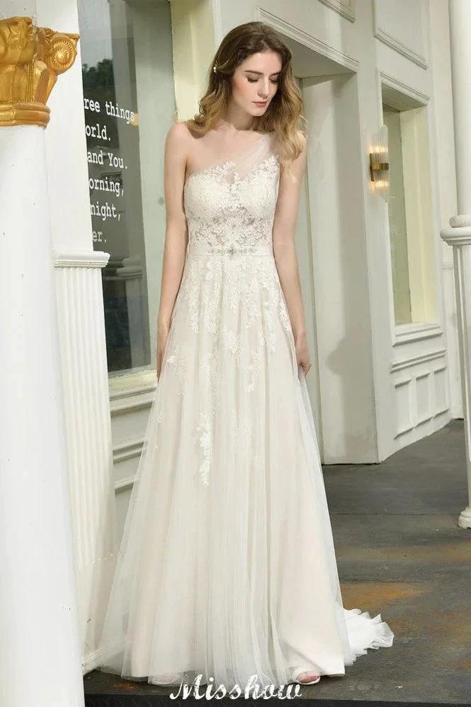 One Shoulder Aline Tulle Wedding Dress Sleeveless Spring Beach Bridal Gown by misshow.com