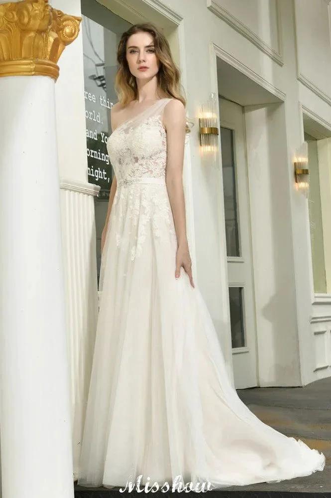 One Shoulder Aline Tulle Wedding Dress Sleeveless Spring Beach Bridal Gown by misshow.com