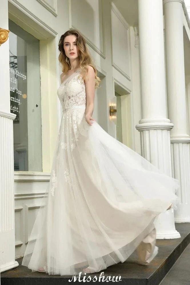 One Shoulder Aline Tulle Wedding Dress Sleeveless Spring Beach Bridal Gown by misshow.com