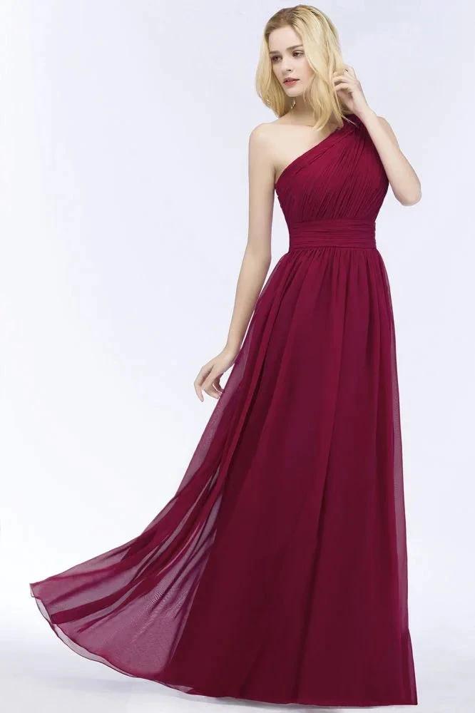 One-shoulder Floor Length Burgundy Ruffled Chiffon A-line Bridesmaid Dresses by misshow.com