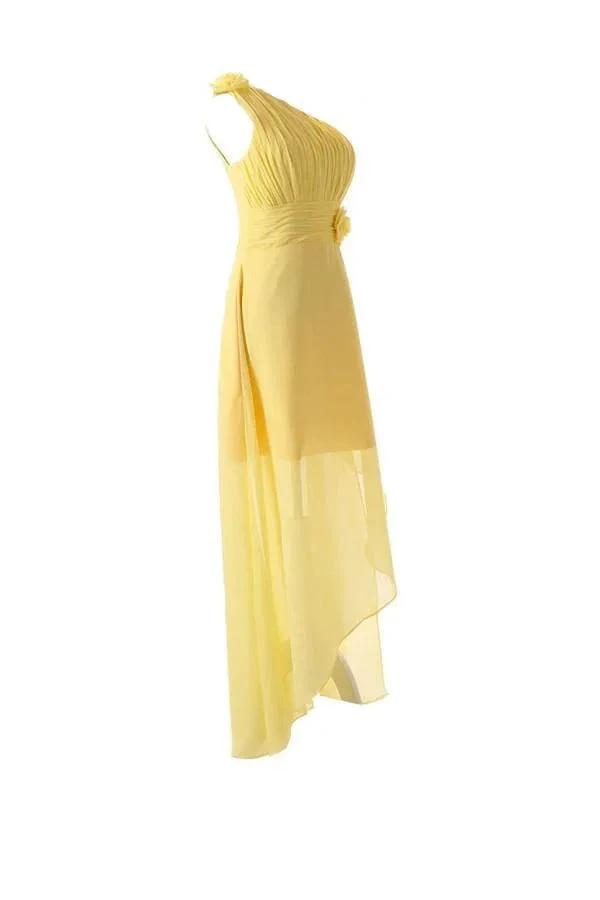 One Shoulder Floor Length Chiffon Yellow Bridesmaid Dress With Flower BD015 by pgmdress