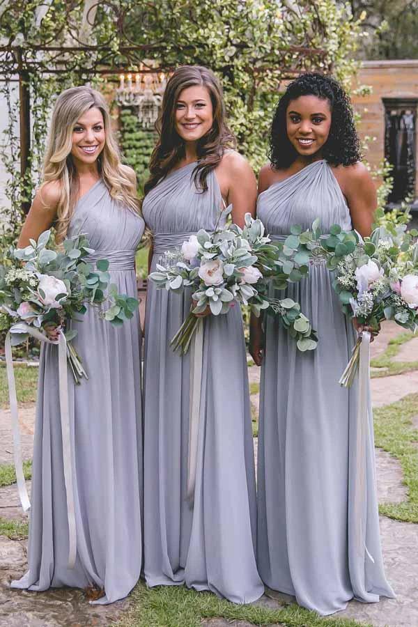 One-Shoulder Floor-Length Open Back Gray Chiffon Bridesmaid Dress BD037 by pgmdress