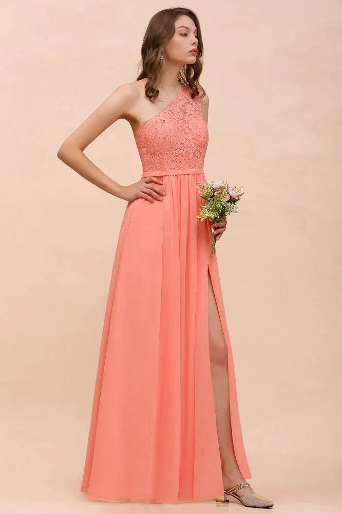 One Shoulder Floral Bridesmaid Dress Side Split Formal Wedding Guest Dress with Pocket by misshow.com