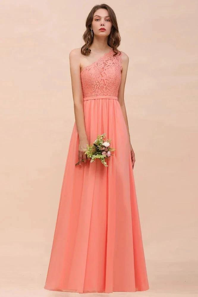 One Shoulder Floral Bridesmaid Dress Side Split Formal Wedding Guest Dress with Pocket by misshow.com