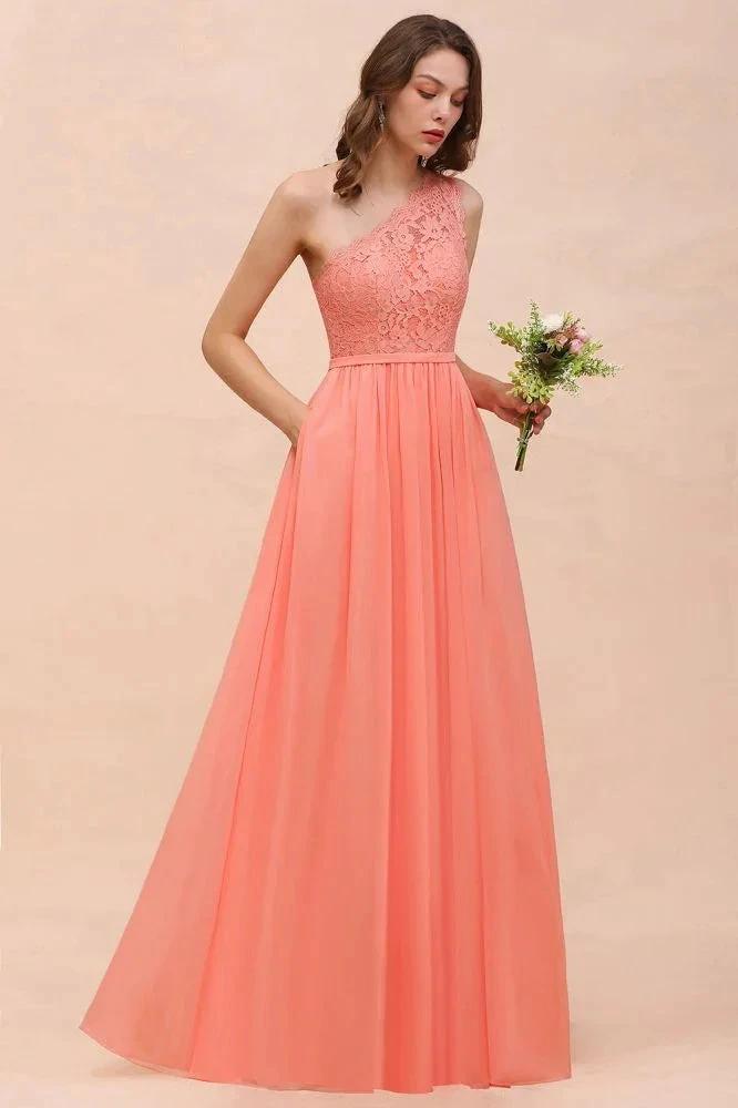 One Shoulder Floral Bridesmaid Dress Side Split Formal Wedding Guest Dress with Pocket by misshow.com