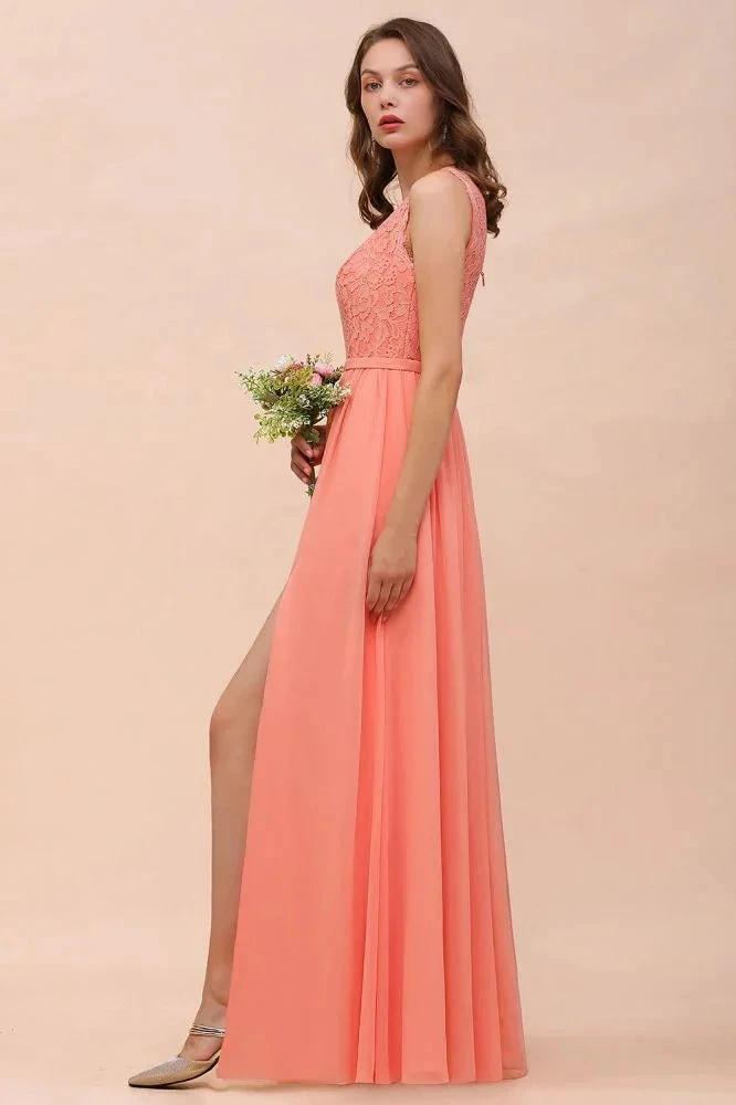 One Shoulder Floral Bridesmaid Dress Side Split Formal Wedding Guest Dress with Pocket by misshow.com