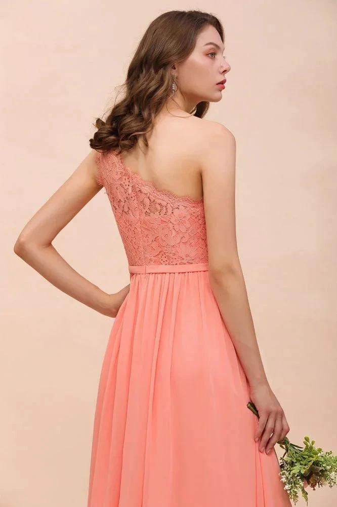 One Shoulder Floral Bridesmaid Dress Side Split Formal Wedding Guest Dress with Pocket by misshow.com