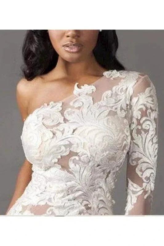 One Shoulder Long Sleeve Tulle Lace Pretty Mermaid Elegant Wedding Dresses by misshow.com