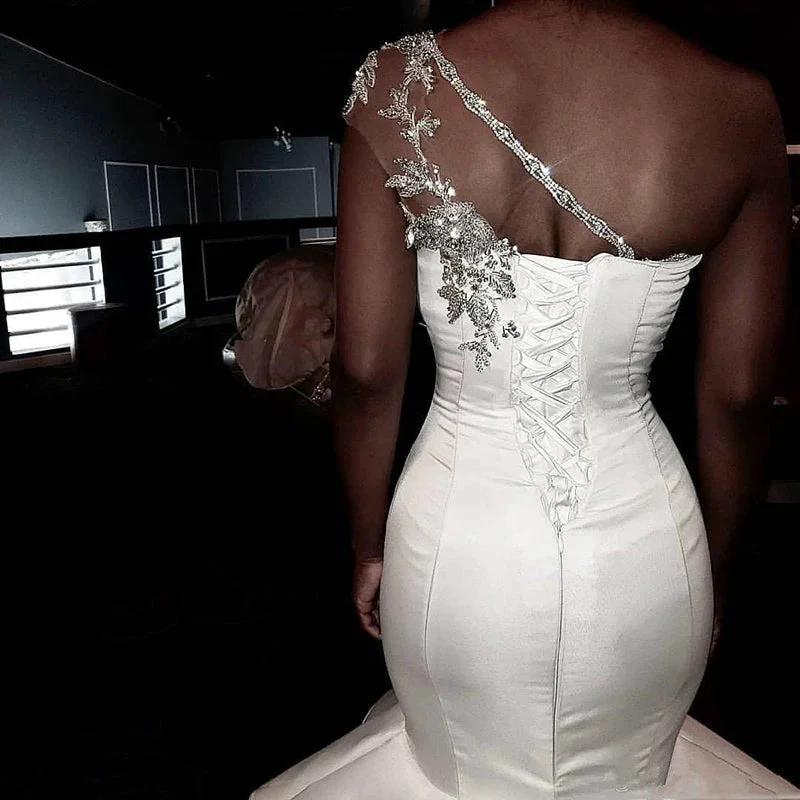 One shoulder Mermaid Bridal Wears with Ruffles Train by misshow.com